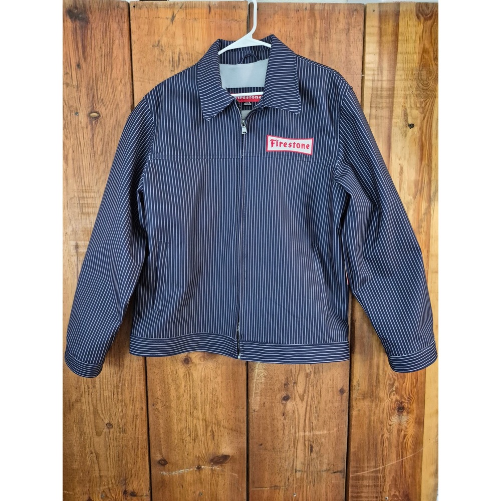 Firestone Pinstripe Work Jacket Navy Blue White Zip Up Men's L